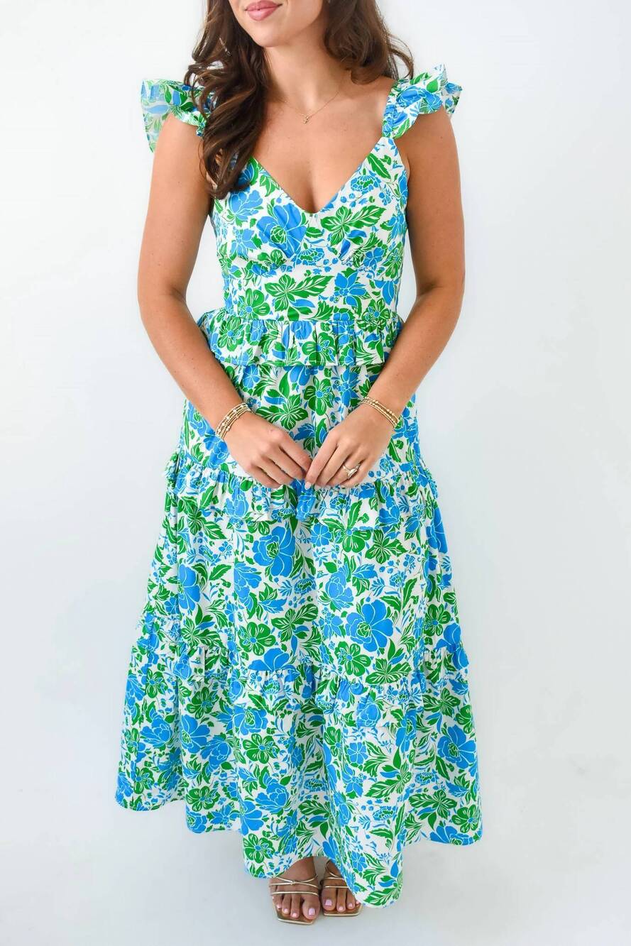 NEW SUGARLIPS bivore floral tiered maxi dress in blue/green